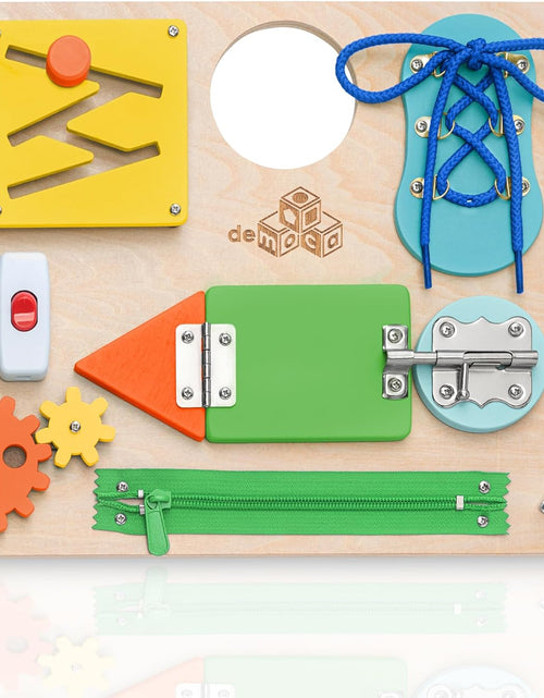 Load image into Gallery viewer, Montessori Busy Board for Toddlers, Kids Sensory Toy Wooden Activity Board with 10 Preschool Educational Activities to Develop Fine Motor Skills, Travel Toy, Boys & Girls Gift