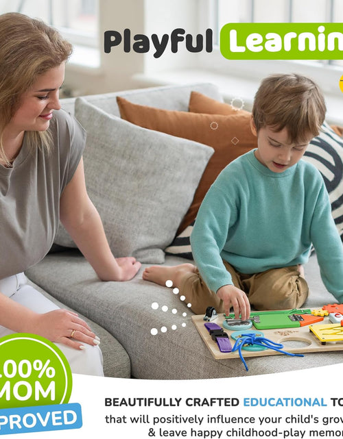 Load image into Gallery viewer, Montessori Busy Board for Toddlers, Kids Sensory Toy Wooden Activity Board with 10 Preschool Educational Activities to Develop Fine Motor Skills, Travel Toy, Boys & Girls Gift