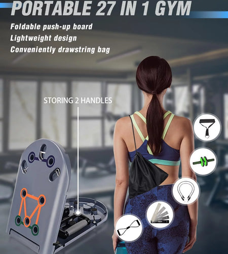 Home Workout Equipment to Help Achieve Fitness Goals, 27-In-1 Portable Gym Exercise Equipment with Compact Push-Up Board, Resistance Bands, Ab Roller Wheel, and Pilates Bar