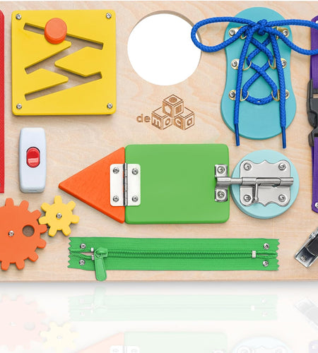 Montessori Busy Board for Toddlers, Kids Sensory Toy Wooden Activity Board with 10 Preschool Educational Activities to Develop Fine Motor Skills, Travel Toy, Boys & Girls Gift