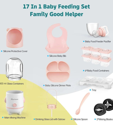 Baby Food Maker, 17-In-1 Baby Food Processor Set for Baby Food, Fruit, Vegatable, Meat, Baby Food Puree Blender with Baby Food Containers, Food Freezer Tray, Silicone Spoons, Spatula (Gray)