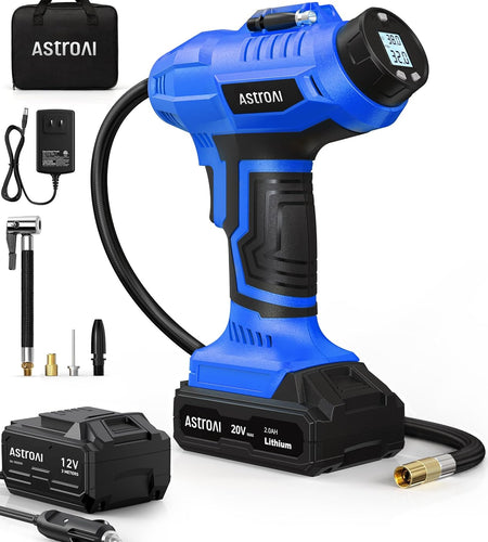 Cordless Tire Inflator Air Compressor 20V Rechargeable Battery Powered 160PSI Portable Handheld Air Pump with 12V Car Power Adapter Digital Pressure Gauge for Cars Motorcycles JY16P160-18（C2）